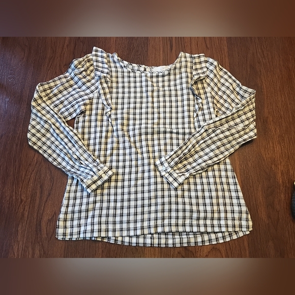 LOFT Tops - LOFT Women's Small Black Tan Plaid Ruffled Shoulder 100% Cotton Casual Top Shirt